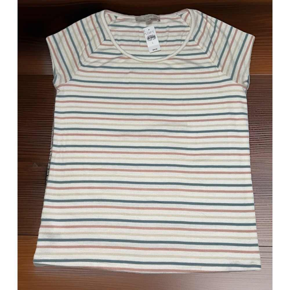 NWT Loft Shirt Sleeve Crew Neck Knit Top Stripped Sz Large New $44.50